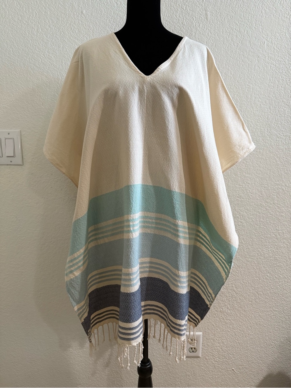 Cream V-Neck Striped Poncho Top with Fringe